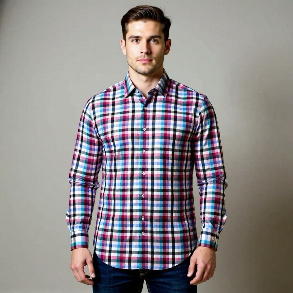 Peter Millar Long Sleeve Shirt Mens Medium Blue Pink Plaid 100% Cotton